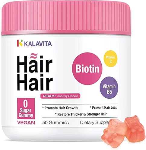 KalaVita Hair Skin & Nails Vegan Biotin Gummy Vitamins with Vitamins A, C, E, B5, and D to Support Hair Growth, Clear Skin, Strong Nails, Sugar Free, White Peach Flavor, 50 Gummies (25-Day Supply)