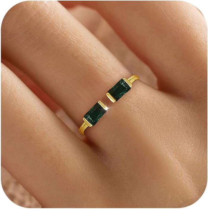 Birthstone Rings for Women Non Tarnish Dainty 14K Gold Plated 925 Sterling Silver Stackable Baguette Cubic Zirconia Gemstone Rings Adjustable Rings Jewelry Birthday Gifts