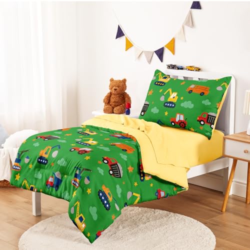 Image of Wake In Cloud - Toddler Bedding Set for Boys, Construction Car Excavator Truck, 4 Pieces Soft Crib Bed Set Including Comforter, Sheets and Pillowcase, Grass Green