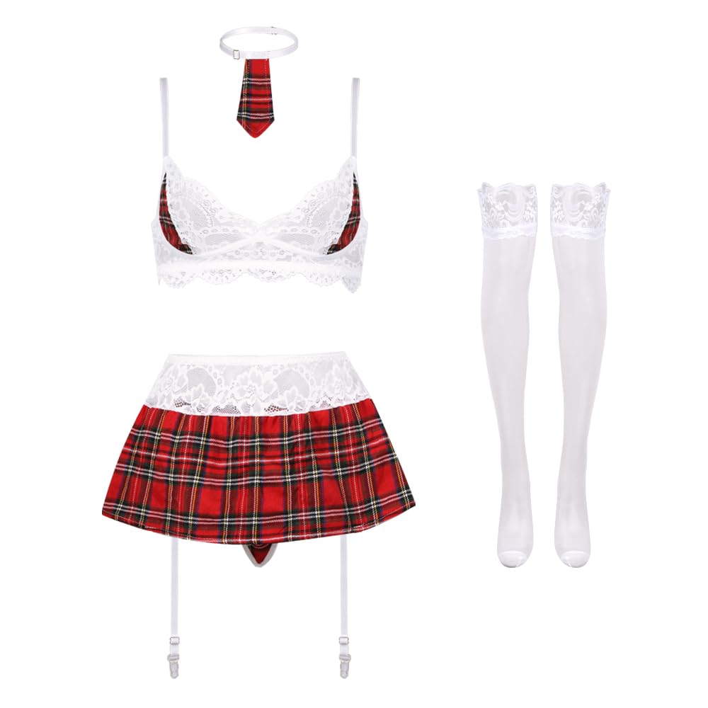 Ensemble de Lingerie Femme 5 Pièces en Dentelle avec Soutien-Gorge et Jupe Plissée de Lingerie Plaid Jupe Costume Nuisette Lingerie Rôle sous-Vêtements