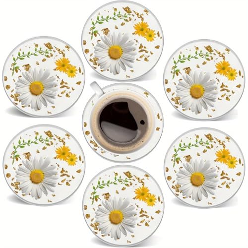 Image of 6pcs Daisy Design Wooden Coasters, 4inch Round Hand-Washable Coasters, Suitable Home Decoration, Easter, Valentine's Day, Mother's Day, Coffee Table