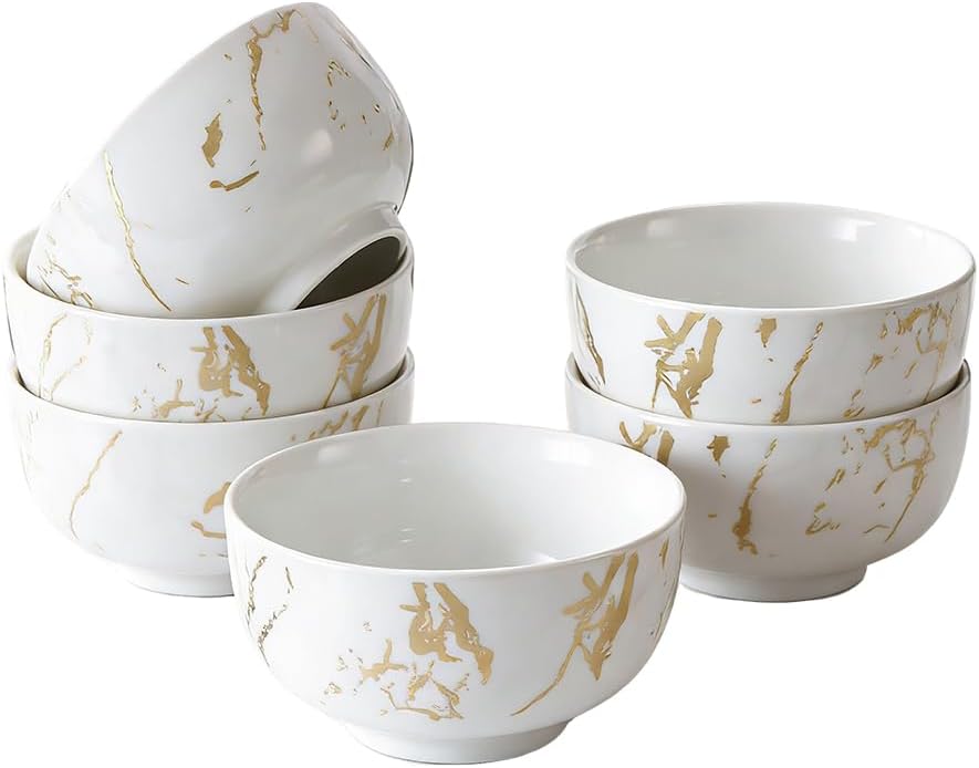Marble Ceramic Cereal Bowls Set of 6, 20 oz Bohemian Soup Bowl, White Bowls Set for Kitchen, Dessert Bowls for Salad, Pasta, Oatmeal, Ramen, Oatmeal, Fruit, Dishwasher & Microwave Safe