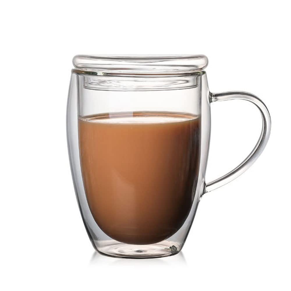 TAMUME Double-Wall Insulated Glass Coffee and Tea Cup with Glass Lid (Medium), Black