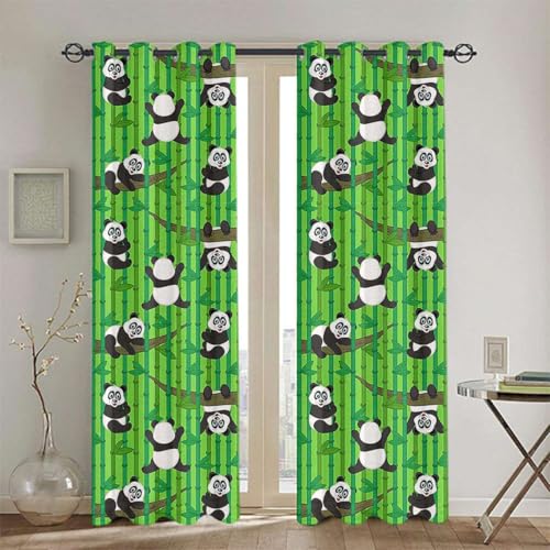 SVBFHAB Animal Theme Grommet Blackout Curtains Set for Bedroom & Living Room Pandas Climbing Trees Thermal Insulated Darkening Drapes Green Black White 28x63 Inch,2 Panels