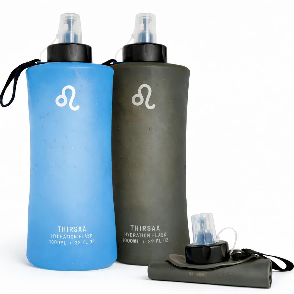 Thirsaa Collapsible 1L Soft Flask Water Bottle – Leak-Proof, BPA Free Hydration Bottle with Roll Up Design for Running, Hiking, Cycling or Travelling (2, Blue&Charcoal) — image 1