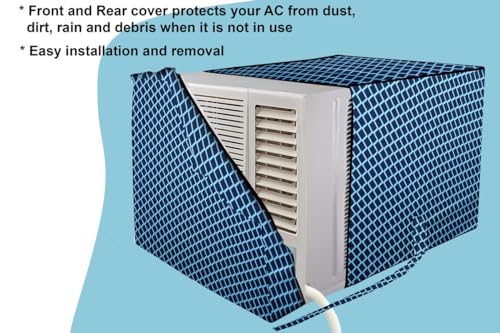 Image of Stylista window ac cover suitable for O-General 1.5 Ton AXGB18CHAA-B, Check Blue Color Elastic fit Cover for front and rear Of Window Ac