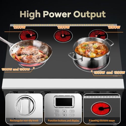 36" Electric Range Oven with 6 Heating Elements Cooktop, 6 Functions Convection Electric Oven, 6 Cu.Ft Capacity, Stainless Steel, Clock, Smooth Glass Top
