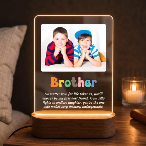Image of Giftplease Personalized Photo Night Light for Brother - Custom Acrylic Picture LED Lamp with Wooden Base, Engraved Sibling Keepsake Frame, Unique Birthday, Rakhi, Gift for Brother from Sister