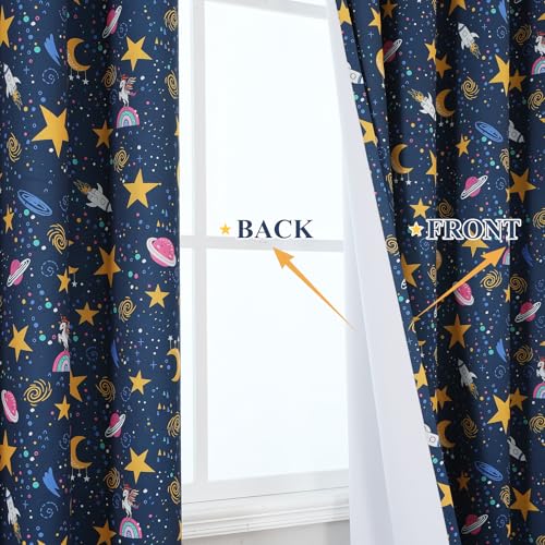 Image of Navy Blue Star Moon Theme Blackout Curtains 84 Inches Long for Boys Bedroom