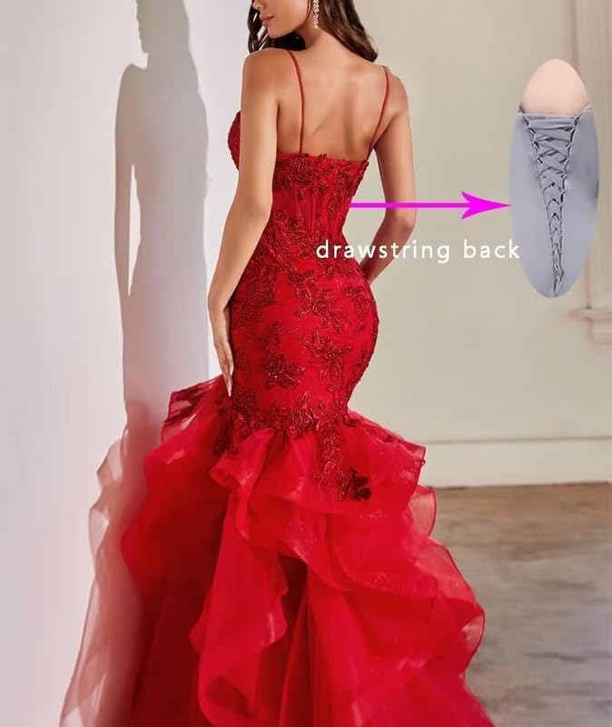 Lace Applique Mermaid Prom Dress for Women Tulle Ball Gown Long Spaghetti Strap Formal Evening Dress MR25