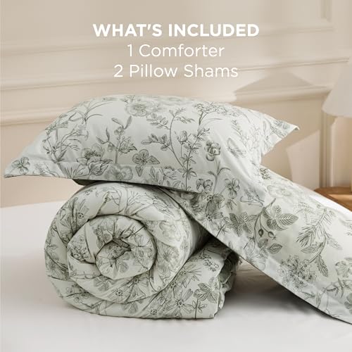 Image of Bedsure Comforter Set Queen Size - Cute Floral Bedding Comforter Set, 3 Pieces, 1 Soft Reversible Desert Sage Sketch Flowers Comforter and 2 Pillow Shams
