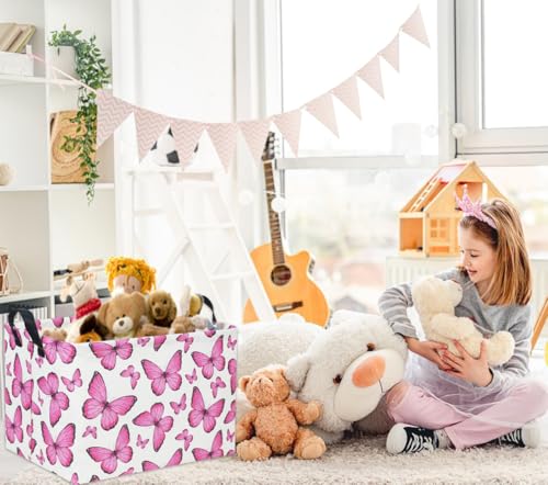 Image of Rectangular Butterfly Pink Kids Storage Basket - Baby Girl Basket Toy Storage Bin Organizer Box Rainbow Room Decor