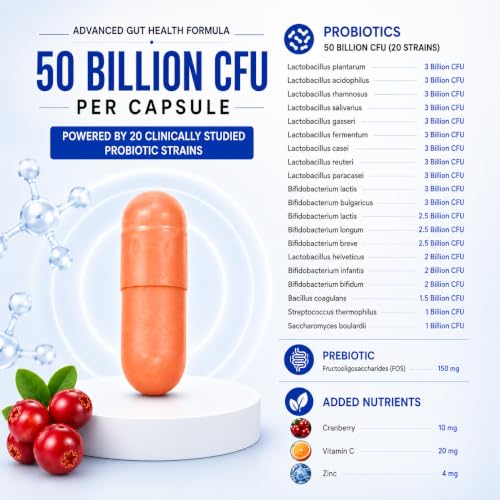 Image of Fixuphealth Probiotics Supplement for Gut Health 50 Billion CFU | Probiotic Capsules with Prebiotics, Cranberry, Vitamin C & Zinc | Digestive Health & Immunity Support | Plant Based | 30 Capsules