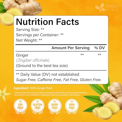 Image of FreshDrinkUS, 150 Premium Ginger Tea Bags, Non GMO, 100% Natural & Pure from Ginger Root, Root Herbal Tea. No Sugar, No Caffeine, No Gluten, Vegan. Support Stronger Digestion, Pleasantly Spicy & Warming