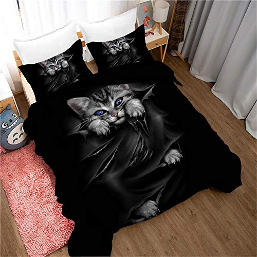 Housse de couette chat gris 140x200 microfibre avec 2 taies d'oreiller - 3