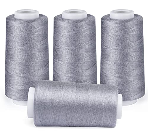 ilauke 3000 Yards Serger Thread of 4 Cones Each Spool 100% Polyester Sewing Thread All Purpose Sewing Thread for Serger Sewing Machine, Overlock Cone Sewing Supplies, 40S/2 Grey