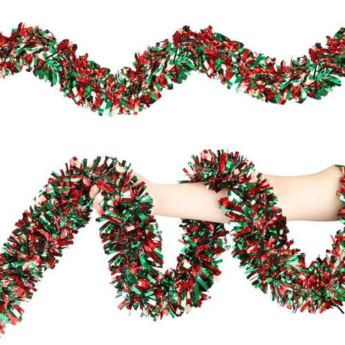 Image of 50FT Christmas Tinsel Garland, Red Green Metallic Twist Shiny Hanging Garland Ornaments for Christmas Tree, Party Supplies Thick Metallic Xmas Streamers