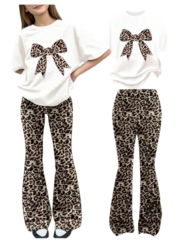 WDIRARA Girl's Leopard Print 2 Piece Outfits Bow Short Sleeve