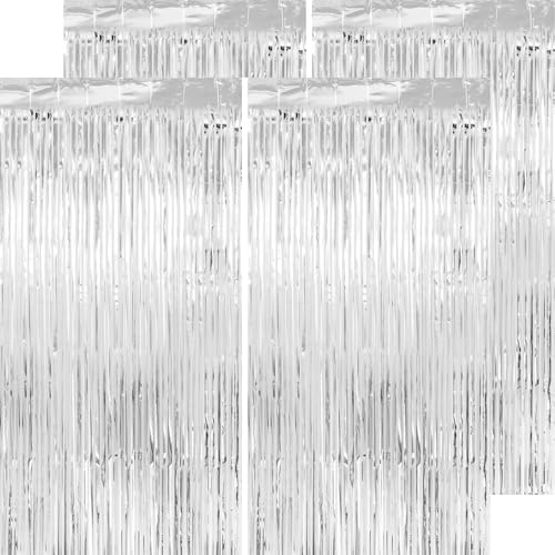 Image of Thicken Silver Streamers 4 Pack 13.2x8.2 FT, Silver Tinsel Backdrop Curtains, Foil Fringe Photo Backdrop for Birthday, Bachelorette, Prom, Engagement, Disco Party Decorations
