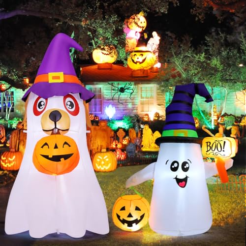 Image of GOOSH 5 FT Halloween Inflatables Ghost Outdoor Decorations and GOOSH 6.2 FT Halloween Inflatables Dog Outdoor Decorations Blow Up Yard Cute Puppy Ghost with Pumpkin with Built-in LEDs