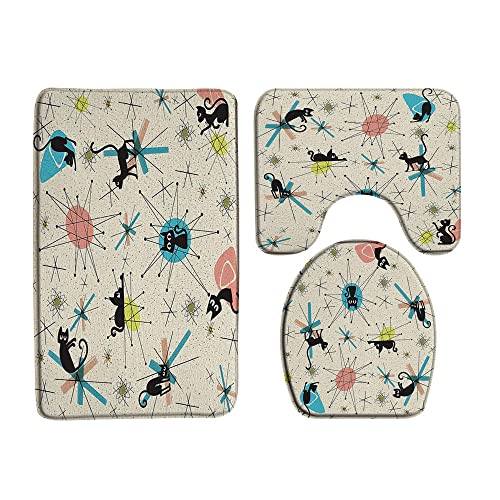 Mid Century Black Cat 3 Pcs Bath Rugs Set,Atomic Starbursts Cat Modern Abstract Geometric Iconic Vintage 1950s 1960s Bathroom Kitchen Rug with 16