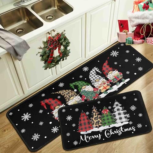 Noulmea Christmas Gnomes Black Kitchen Rugs and Mats Set of 2, Winter Holiday Party Low-Profile Floor Mat Decorations for Home Kitchen 17