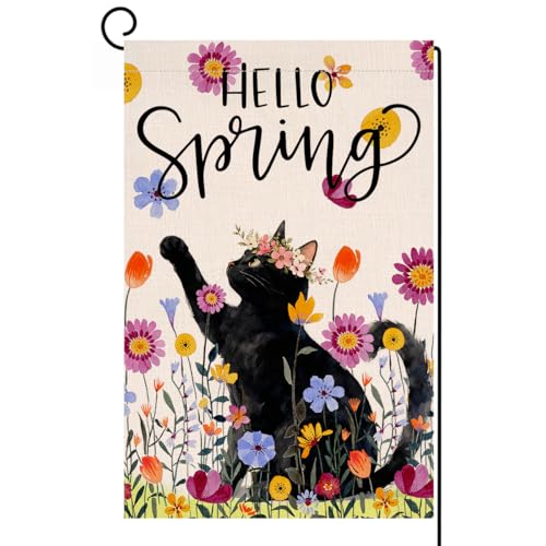 BLKWHT Spring Cat Floral Garden Flag 12x18 Vertical Double Sided