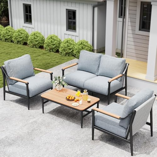 Jocoevol 4 Pieces Outdoor Sofa Conversation Set, 4 Seats Couch Set with Table, Metal Frame Rope Weaving Design UV Resistance Waterproof for Patio Garden Balcony, Grey