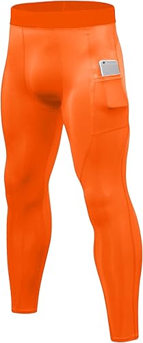 LWISMIL Orange Compression Pants Men Sports Legging with Pocket Athletic Tights 
