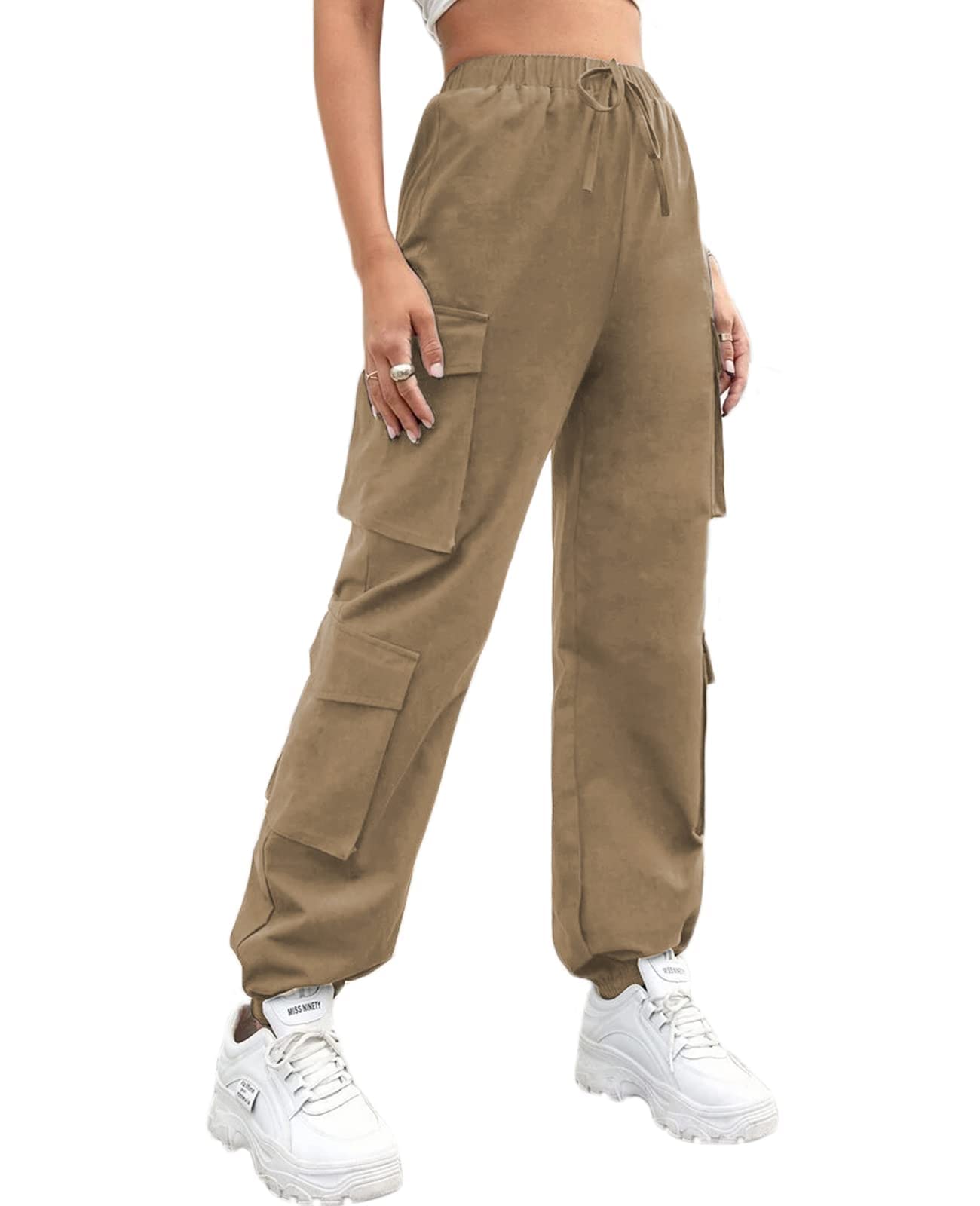 NuofengkuduWomens Petite Cargo Trousers Elasticated High Waisted with Flap  Pockets Cuffed Ankle Teen Girls Y2K Harem Joggers Pants Work Bottoms Casual