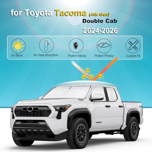 Image of KMF Full Window Sun Shade Custom Fit for Toyota Tacoma 2024 Accessories, Privacy Car Window Covers for Windshield & Rear, UV Block and Blackout for Camping /Baby