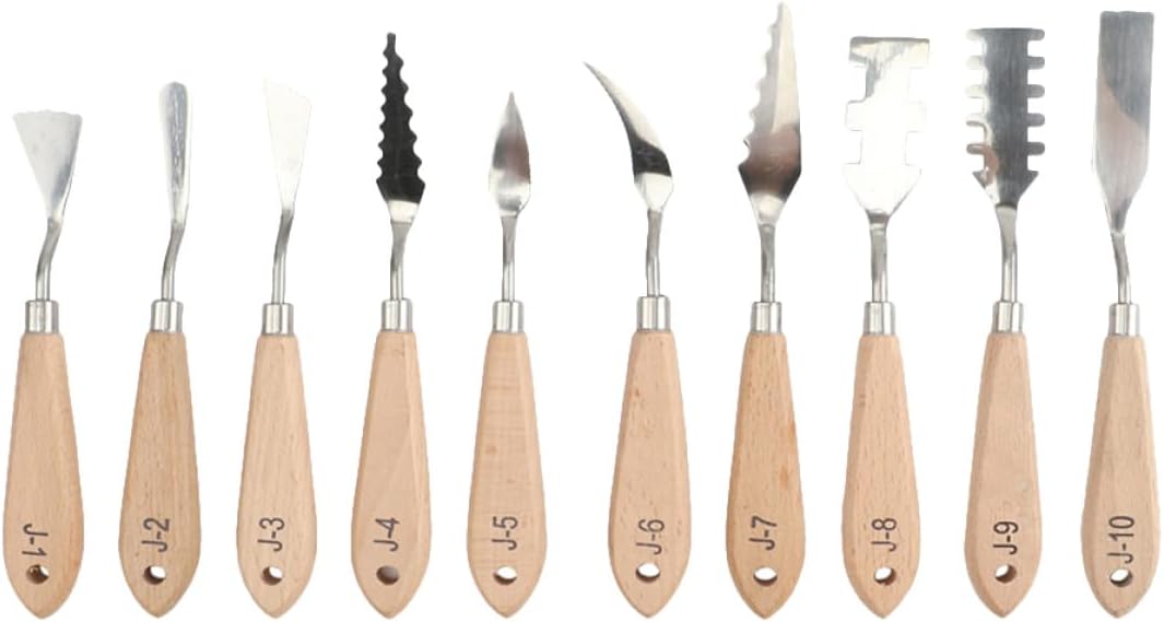 Cabilock 10pcs Wood Handle Paint Spatula Set for Oil Painting, Mixing Tools and Paint Scrapers, Artist Palette Knives for Fine Art and Canvas Painting Supplies