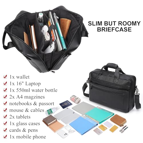 Image of Masa Kawa Men's Leather Briefcase for 16 inch Laptop Waterproof Crossbody Shoulder Messenger Bag Business Travel Work Computer Attache Case, Black