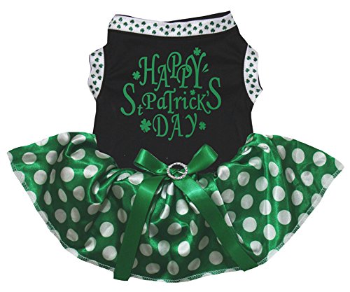 Petitebella Happy St Patrick's Day Puppy Dog Dress (Black/Green Dots, Medium)