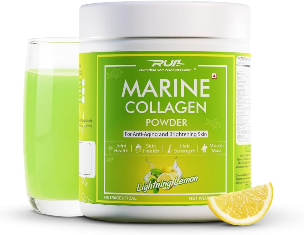 Ripped Up Nutrition Marine Collagen Powder | 8.9g Collagen + 200mg Glutathione | Zero Sugar, No Fishy Smell | Skin Glow, Anti-Aging, Hair & Nails | Hyaluronic Acid, Goji Berry, Resveratrol | 200g –Lightning Lemon
