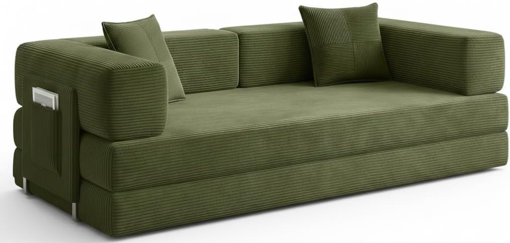 78.8" Convertible Sofa Bed with Armrest Pillow, 4-in-1 Sleeper Couch Bed for Livingroom, Modular Corduroy Boneless couches, No Assembly (Green)