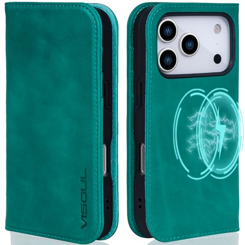 Étui portefeuille en cuir iPhone 17 Pro bleu VISOUL, protection luxe avec blocage RFID