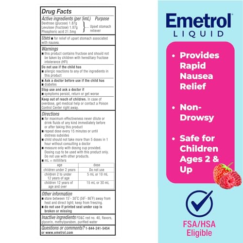Image of Emetrol Children's Non-Drowsy Nausea Relief - Liquid Nausea Medicine for Upset Stomach - Nausea Relief for Kids - Mixed Berry Flavor - 4fl oz