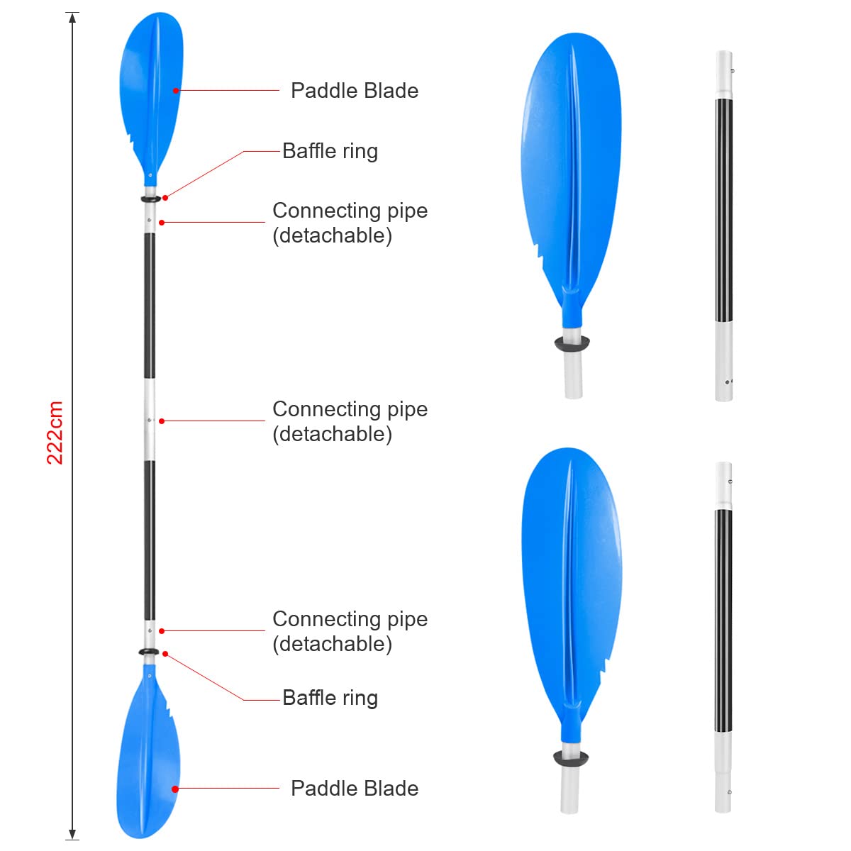 Pagaia Doppia Kayak 222cm, Pagaia SUP Regolabile Alluminio per Canoa, Kayak Gonfiabile, SUP Barche Gommone, Pagaia Doppia Canoa
