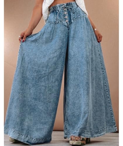 SOMTHRON Women's Baggy Wide Leg Denim Pants Drawstring Mid Waisted Flare Loose Pleated Button Jeans Trousers4