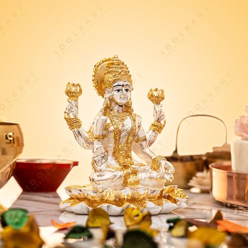 Image of Idolkart Pure Gold and Silver Coated Lakshmi Devi Idol - Beautiful and Detailed Laxmi Murti Ideal for Pooja - Divine Laxmi Idol Symbolizing Prosperity and Wealth - Sitting Lakshmi Devi Idol (3 inch)