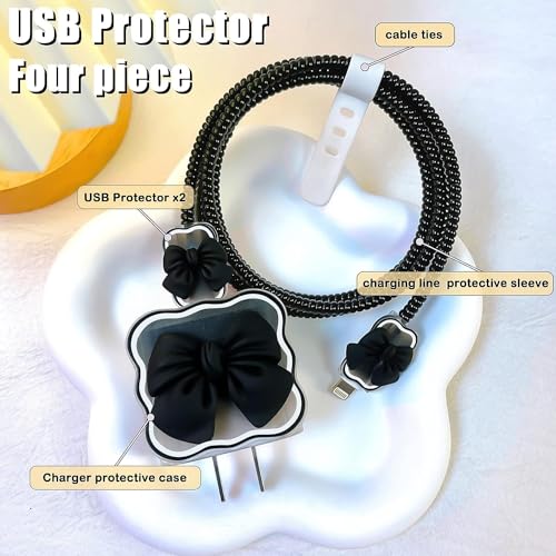Image of EDNITA Charger Cable Protector with 3D Cute Pattern for iPhone Charger only 18W & 20W | Data Line Wire Saver Charging Cable Charger Protective Cable Full Protection Set of - 1 (Black Bow)