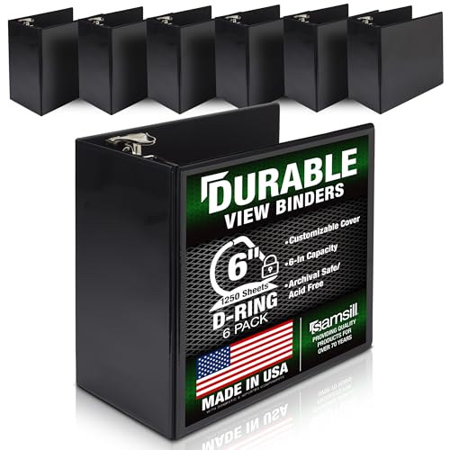Image of Samsill Durable 6 inch 3 Ring Binder, Made in USA, Locking D Ring 100% Recycled Chipboard, Black, 6 Pack