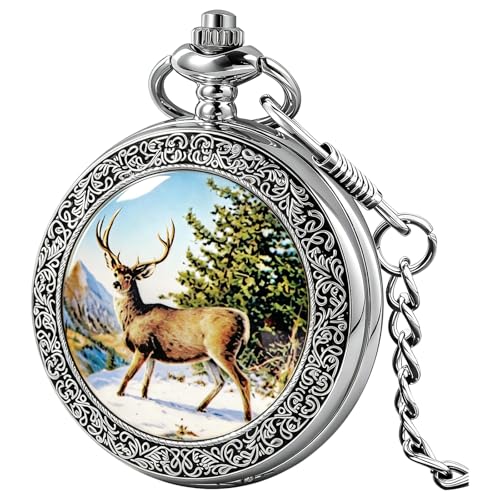 Image of Deer Pocket Watch for Men Pocket Watches with Chain Gift for Father's Day | Vintage Deer Case Pocket Watch Mens Quartz Watches with Chains Christmas Graduation Birthday Gifts Fathers Day
