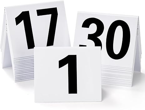 Okllen Set of 30 Restaurant Table Numbers1-30 White, Double Side Acrylic Tent Style Table Numbers for Party, Banquets, Wedding Reception, Events, 3.5"x3"x2.3"