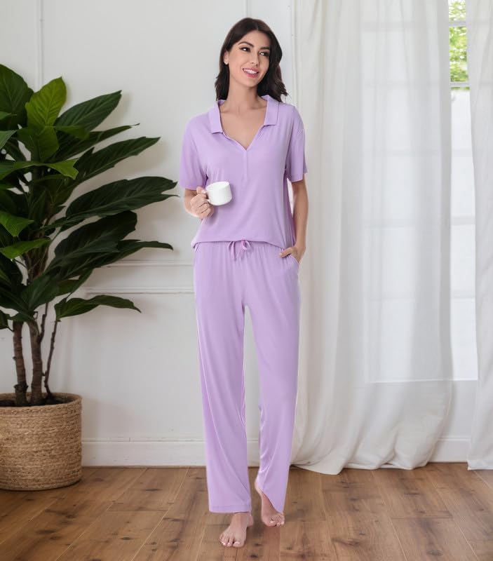 DAVID ARCHY Viscose from Bamboo Pajamas Set for Women Soft Ribbed Knit 2 Piece Lounge Set Cooling Pajamas with V-Neck - Image 3