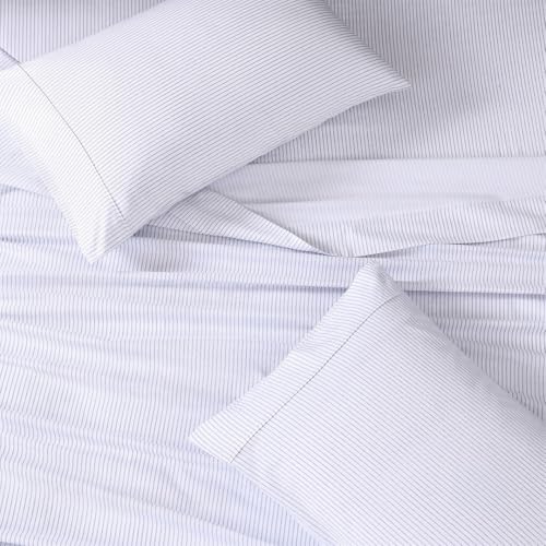 Image of LANE LINEN Cotton Fitted Bedsheet King Size - Ticking Stripe Cobalt Blue | GOTS Certified, Percale Weave, 78x72 inches, Fits Upto 12 inch Mattress, Soft, Breathable, Washable, 2 Pillow Covers