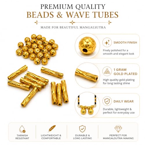Image of EverSiya 1 Gram Gold Plated Beads for Mangalsutra Making | 4mm Gold Round Beads & Designer Wave Tubes | DIY Jewelry Making Supplies | Traditional Necklace Craft Material for Women