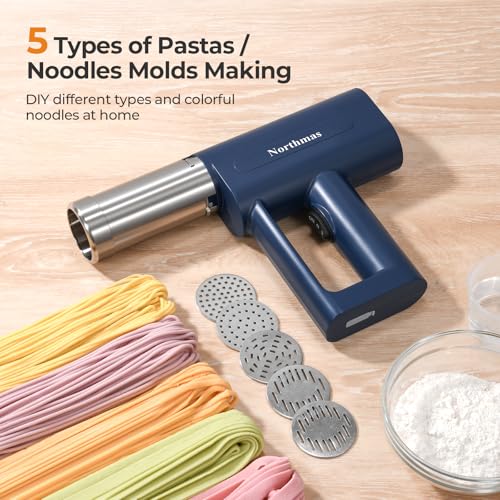 Northmas Electric Pasta Maker, 5-in-1 Handheld Pasta Maker Machine, Automatic Dough Press, 3000mAh Larger Battery, Cordless for Portable Design, Blue, Include a Cleaning Brush