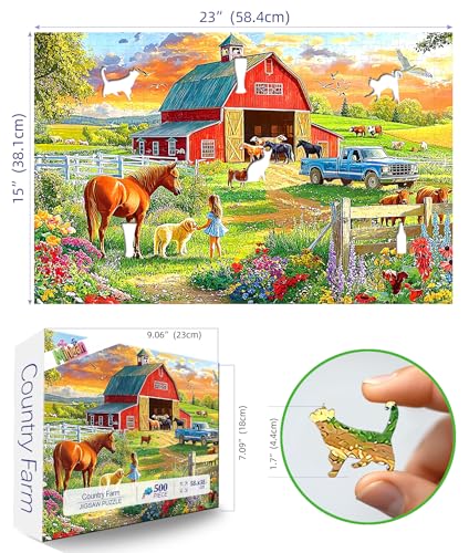 Image of Country Farm Life 500 Piece Adult Jigsaw Puzzle Red Barn & Horse Sunset Countryside Landscape Puzzle with Letters on Back Family Challenge Games Gift for Adults and Seniors(23x15 Inch)